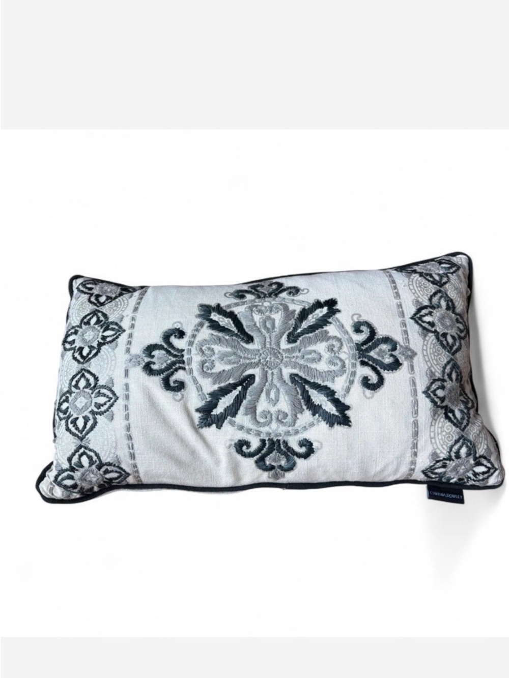 Cynthia Rowley Gray and Charcoal Embroidered Lumbar Pillow